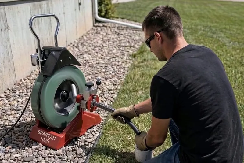 Plumber clearing a main sewer line with a Spartan drain machine